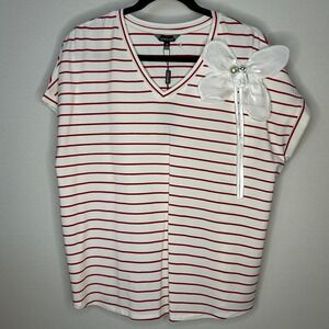 Love & Lace Red Striped V-Neck T-Shirt Top Floral Embellishment‎ Womens 1X NWT